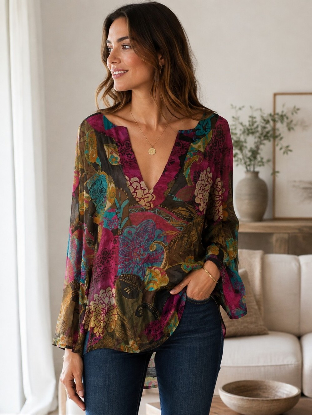 Chico’s Size 2/L 100% Silk Wearable Art Paisley Blouse Semi-Sheer V-Neck